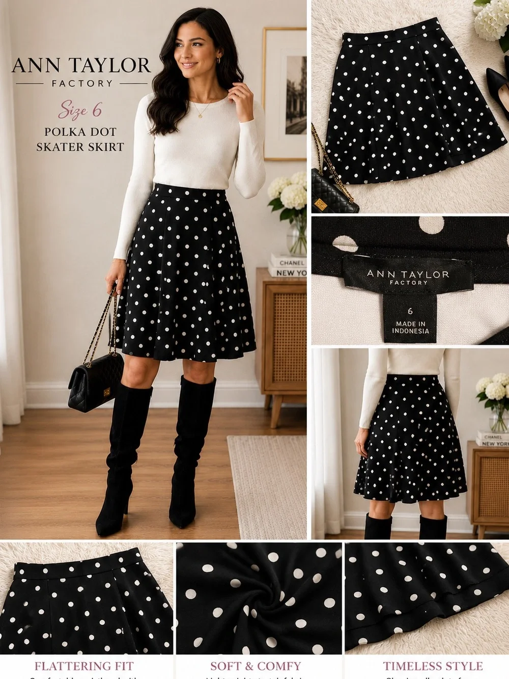 Ann Taylor Factory Polka Dot Skater Skirt Size 6 Parisian Chic